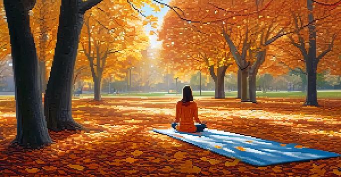A peaceful park scene in autumn with a person practicing yoga surrounded by colorful leaves.