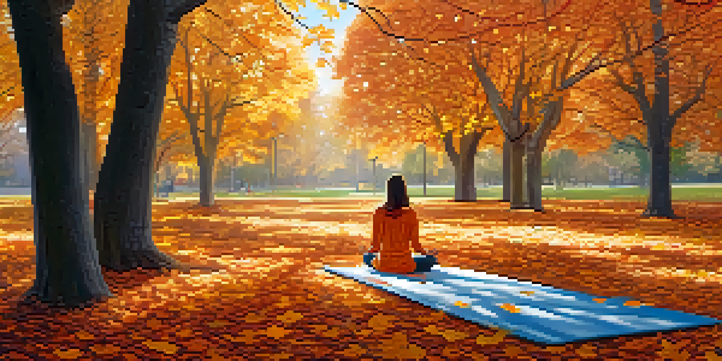 A peaceful park scene in autumn with a person practicing yoga surrounded by colorful leaves.