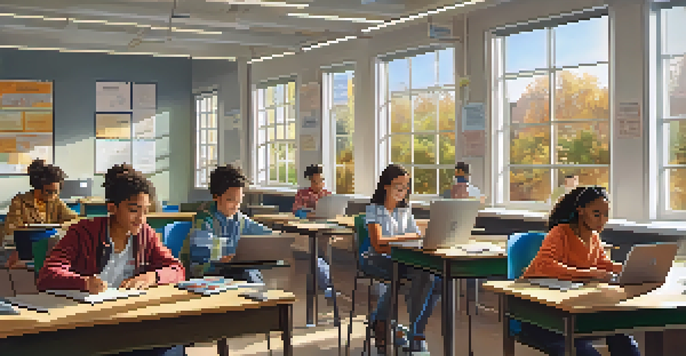 A classroom with diverse students working on laptops, displaying various summative assessments.