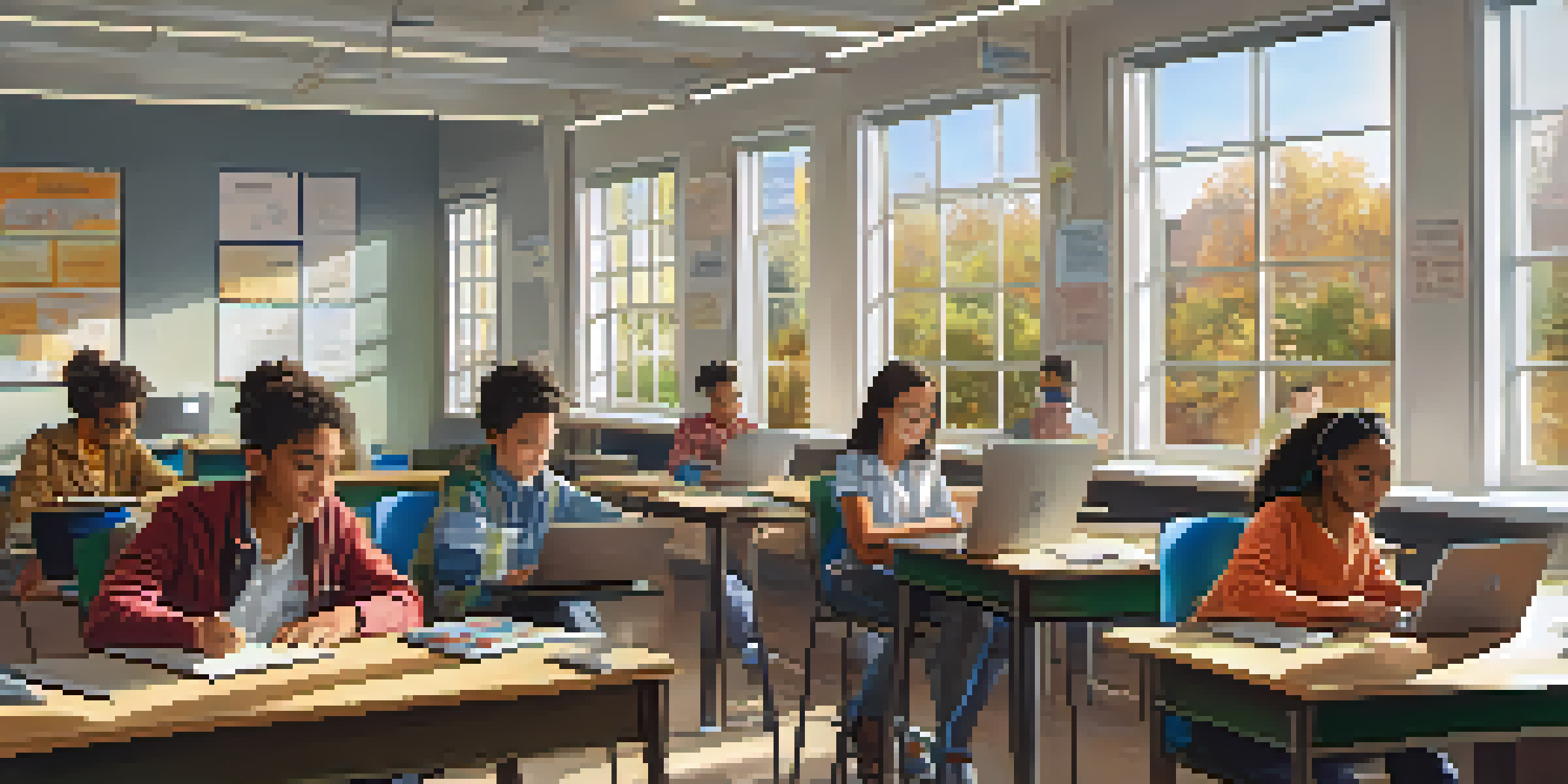 A classroom with diverse students working on laptops, displaying various summative assessments.