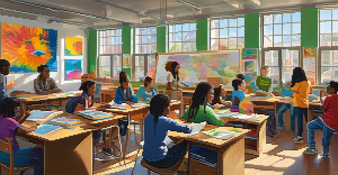 A diverse group of students working together on a project in a colorful classroom filled with natural light.