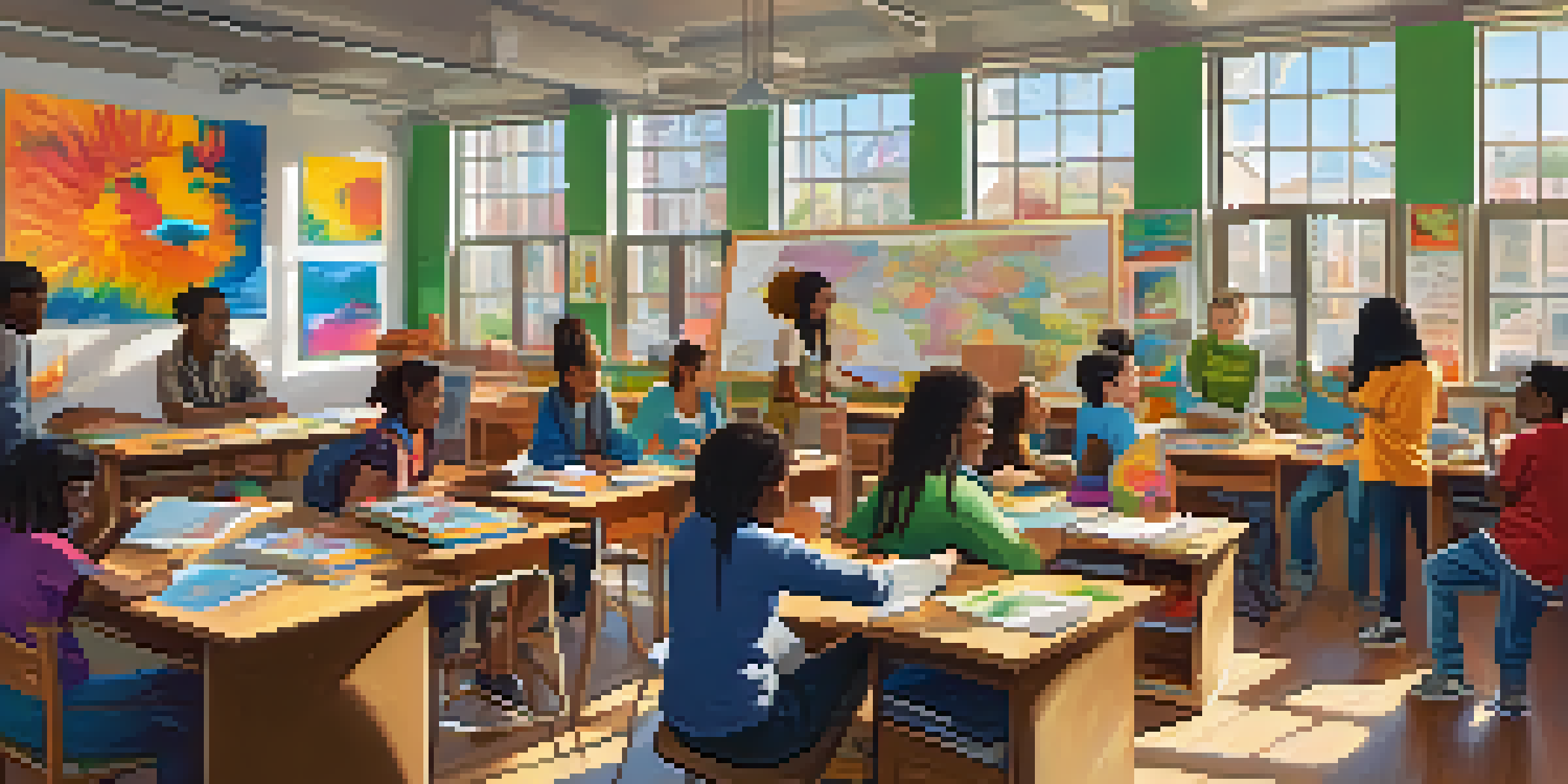 A diverse group of students working together on a project in a colorful classroom filled with natural light.