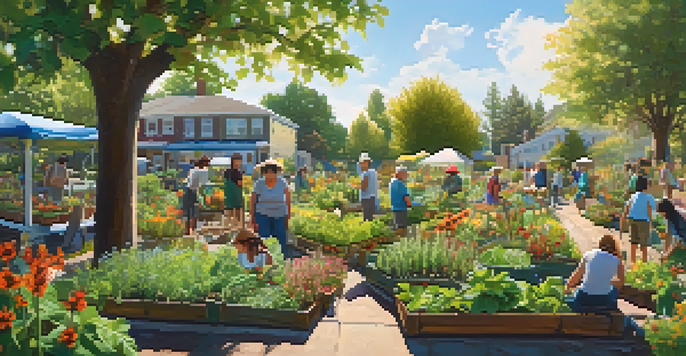 A community garden with people of different ages working together, surrounded by colorful plants and flowers under a sunny sky.