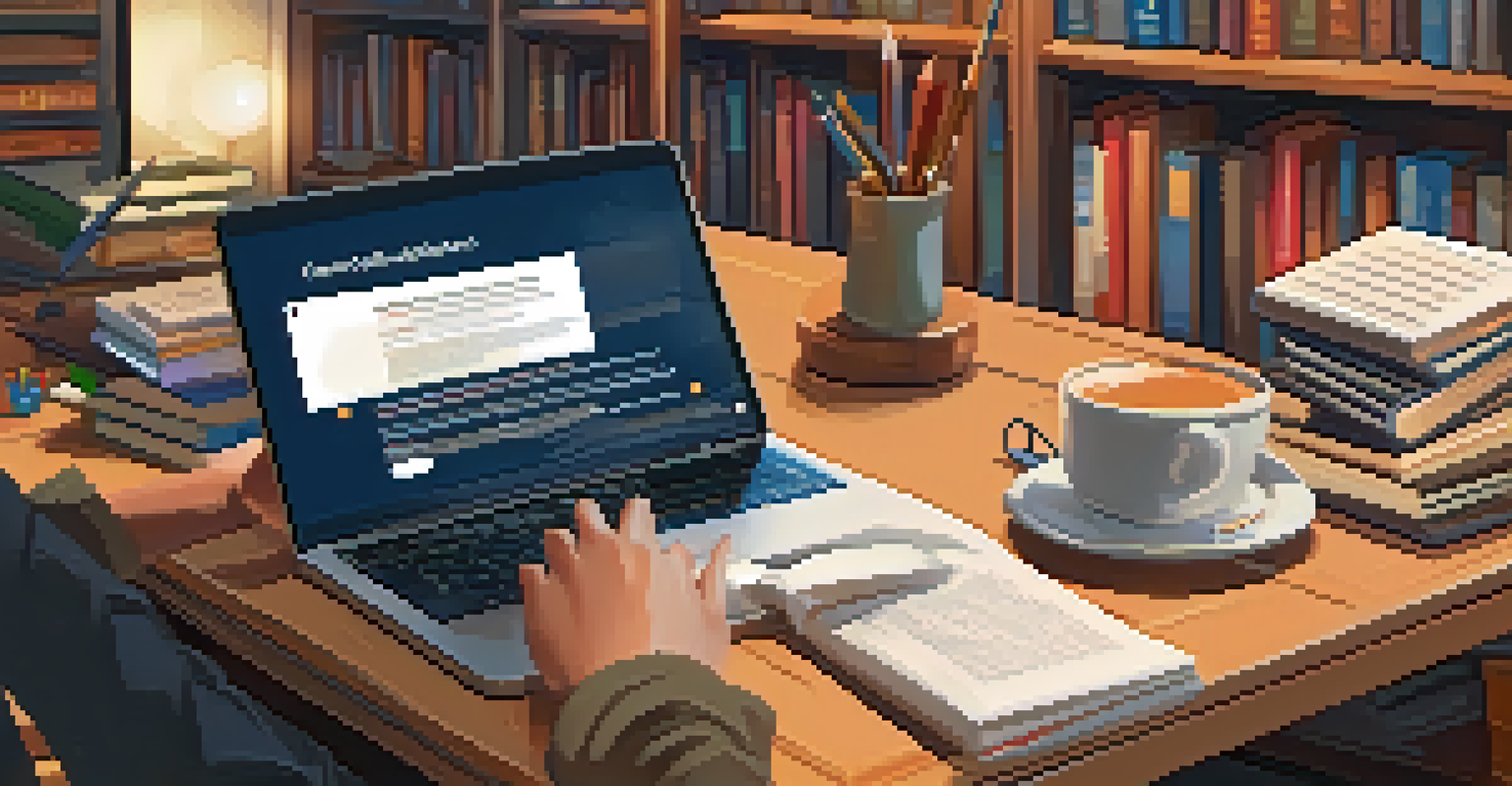 A student's hands on a laptop keyboard, exploring online resources in a cozy study environment.