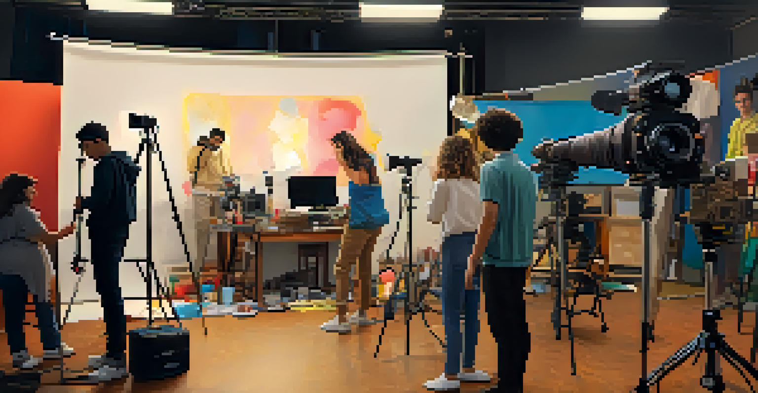 Students collaborating on a film set, with cameras and lights, reflecting a creative and energetic atmosphere.
