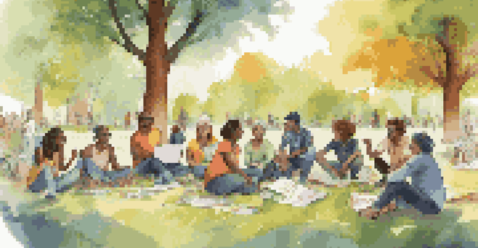 A diverse group of activists in a park discussing an environmental campaign with colorful banners and signs, illuminated by sunlight.