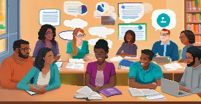 A diverse group of teachers in a virtual classroom, discussing ideas with colorful speech bubbles and a computer showing a video call.