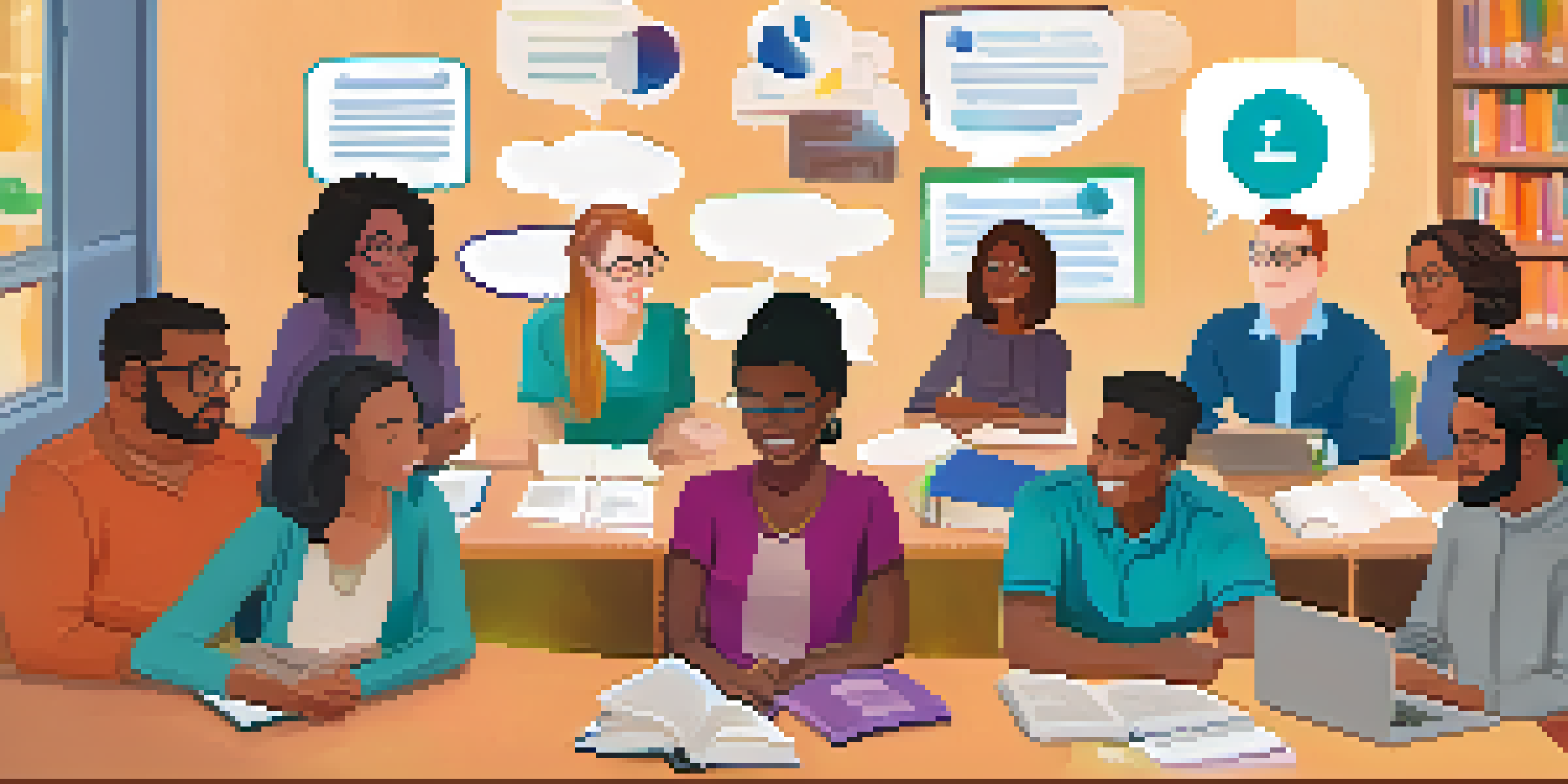 A diverse group of teachers in a virtual classroom, discussing ideas with colorful speech bubbles and a computer showing a video call.
