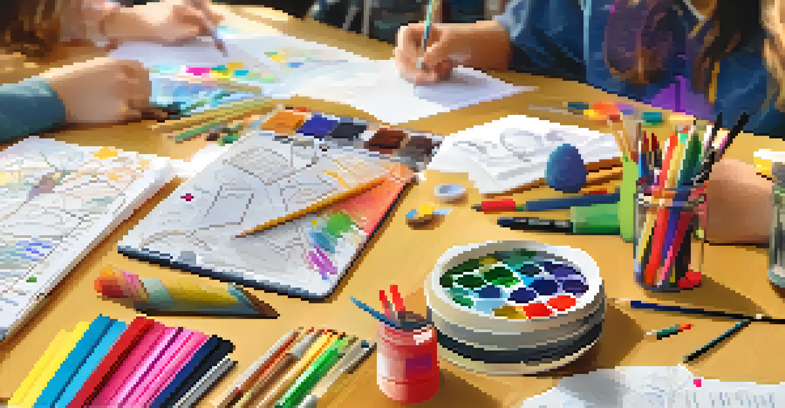 A close-up of a student's hands working on a creative project using a tablet and art supplies.