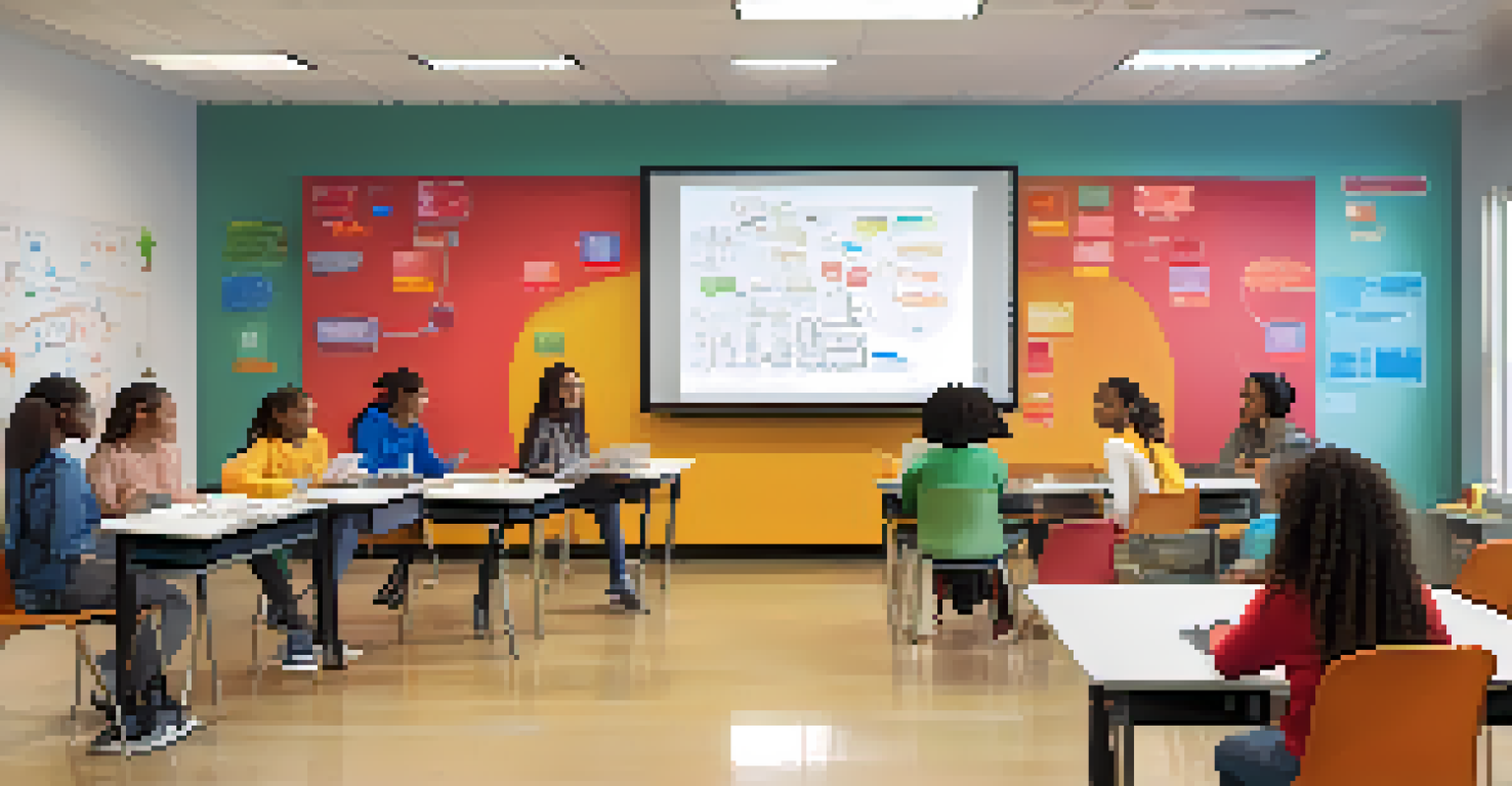 Students using technology in a colorful classroom, collaborating in small groups with interactive whiteboards.