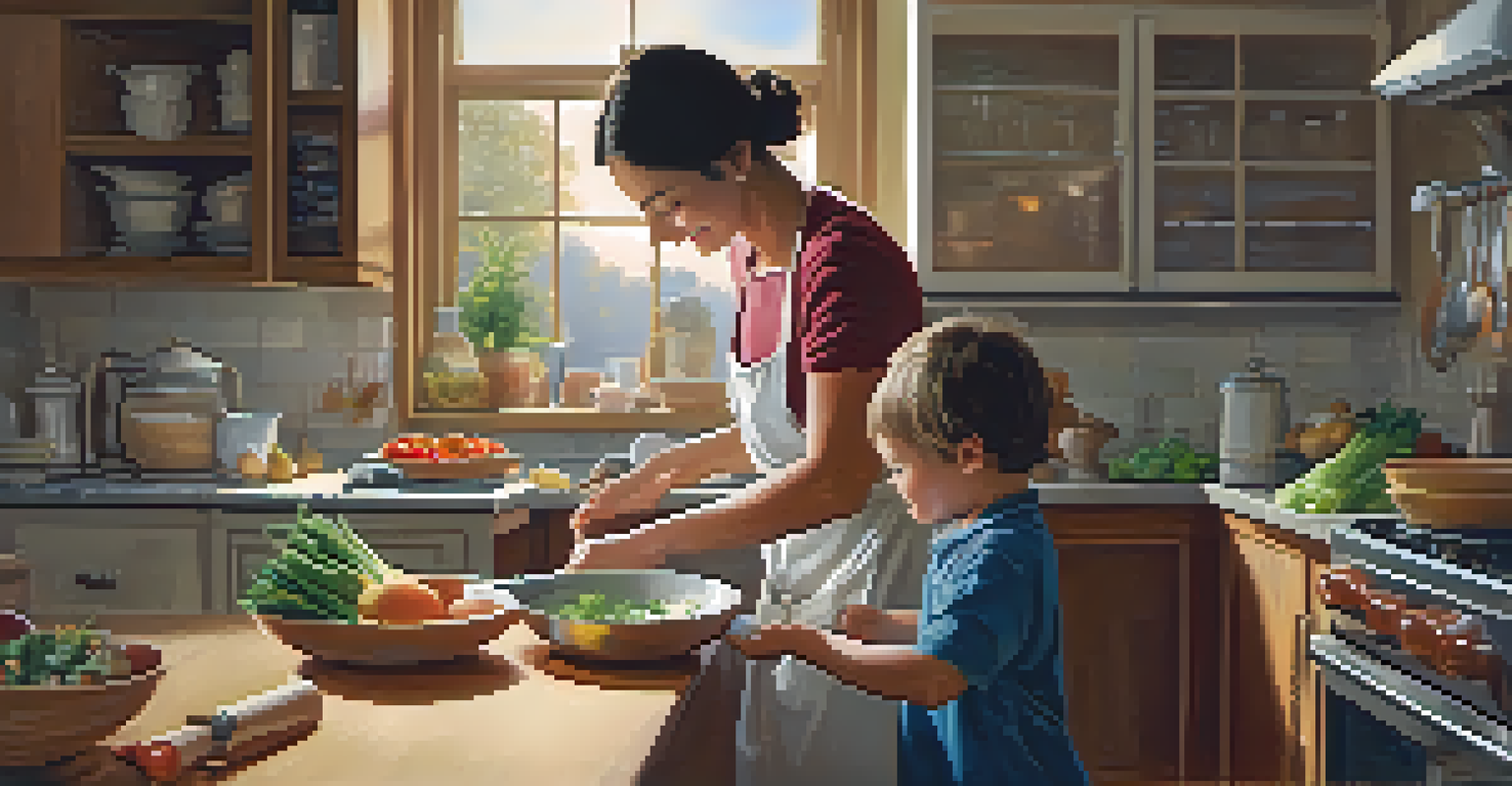 A child helping in the kitchen, reaching for ingredients while an adult supervises.