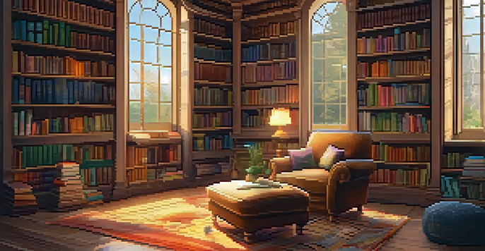 A warm and inviting library with bookshelves, a reading nook, and soft lighting.