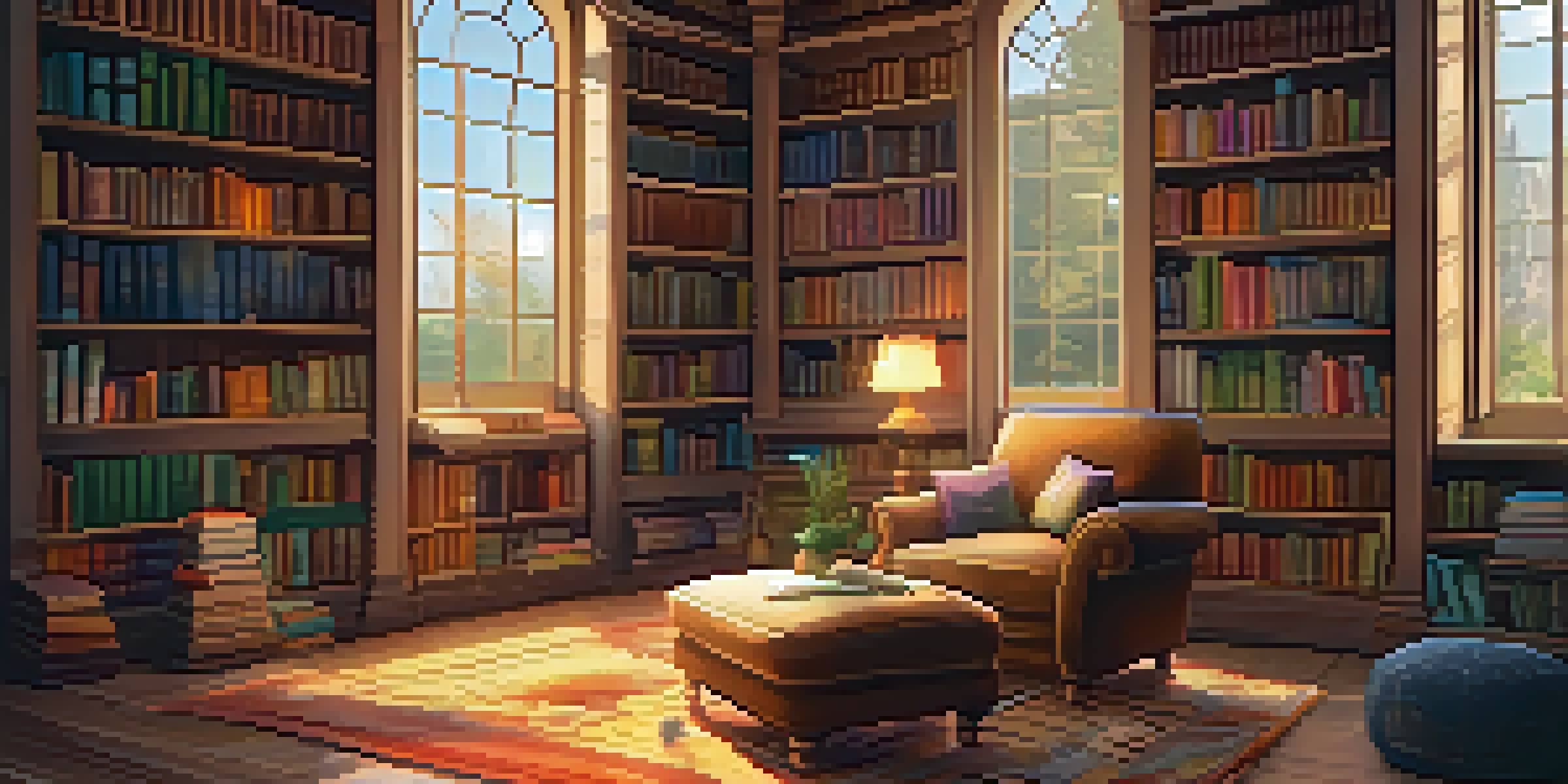 A warm and inviting library with bookshelves, a reading nook, and soft lighting.
