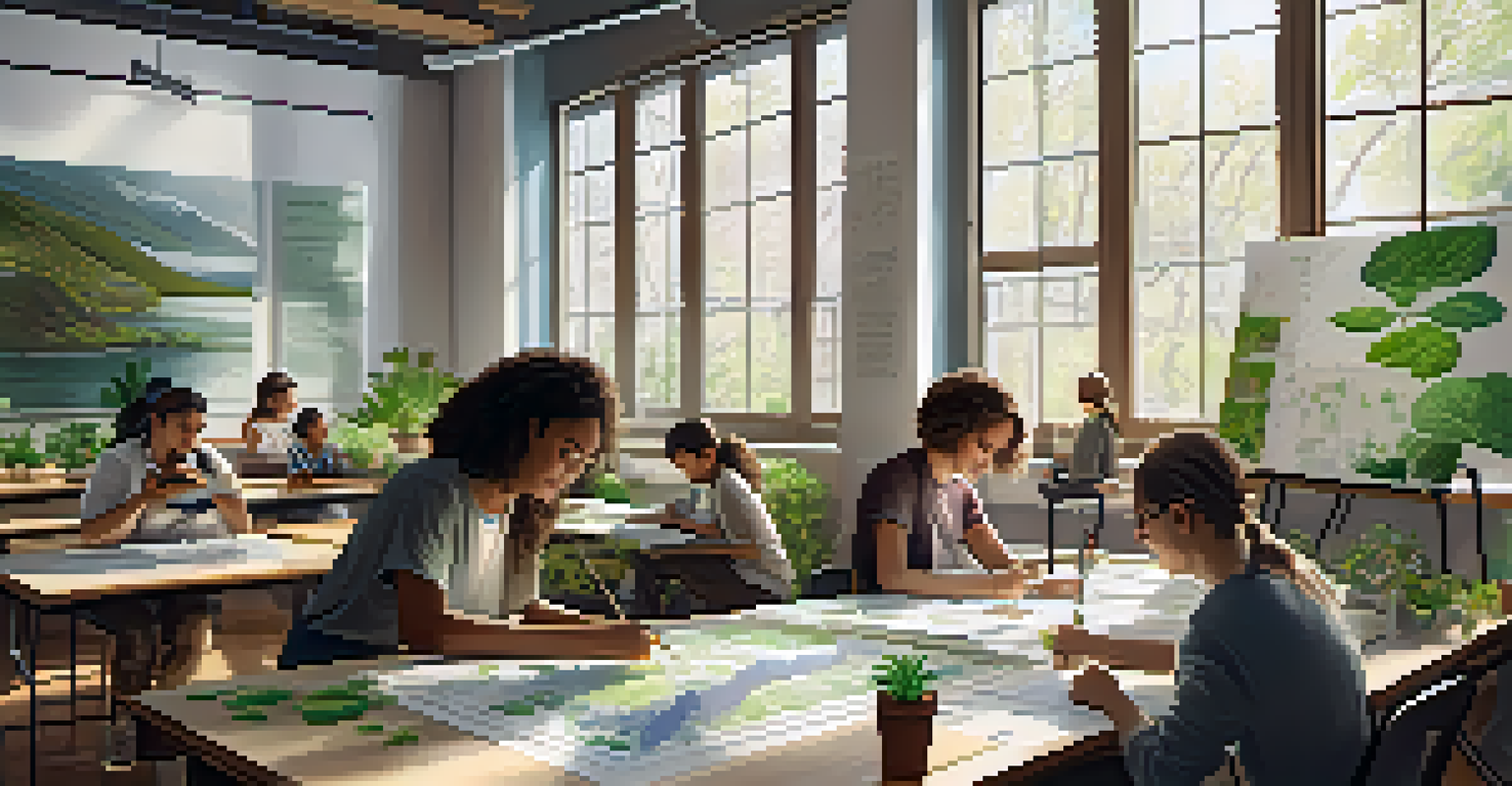A classroom with students learning about environmental economics, filled with plants and educational materials, promoting sustainability education.