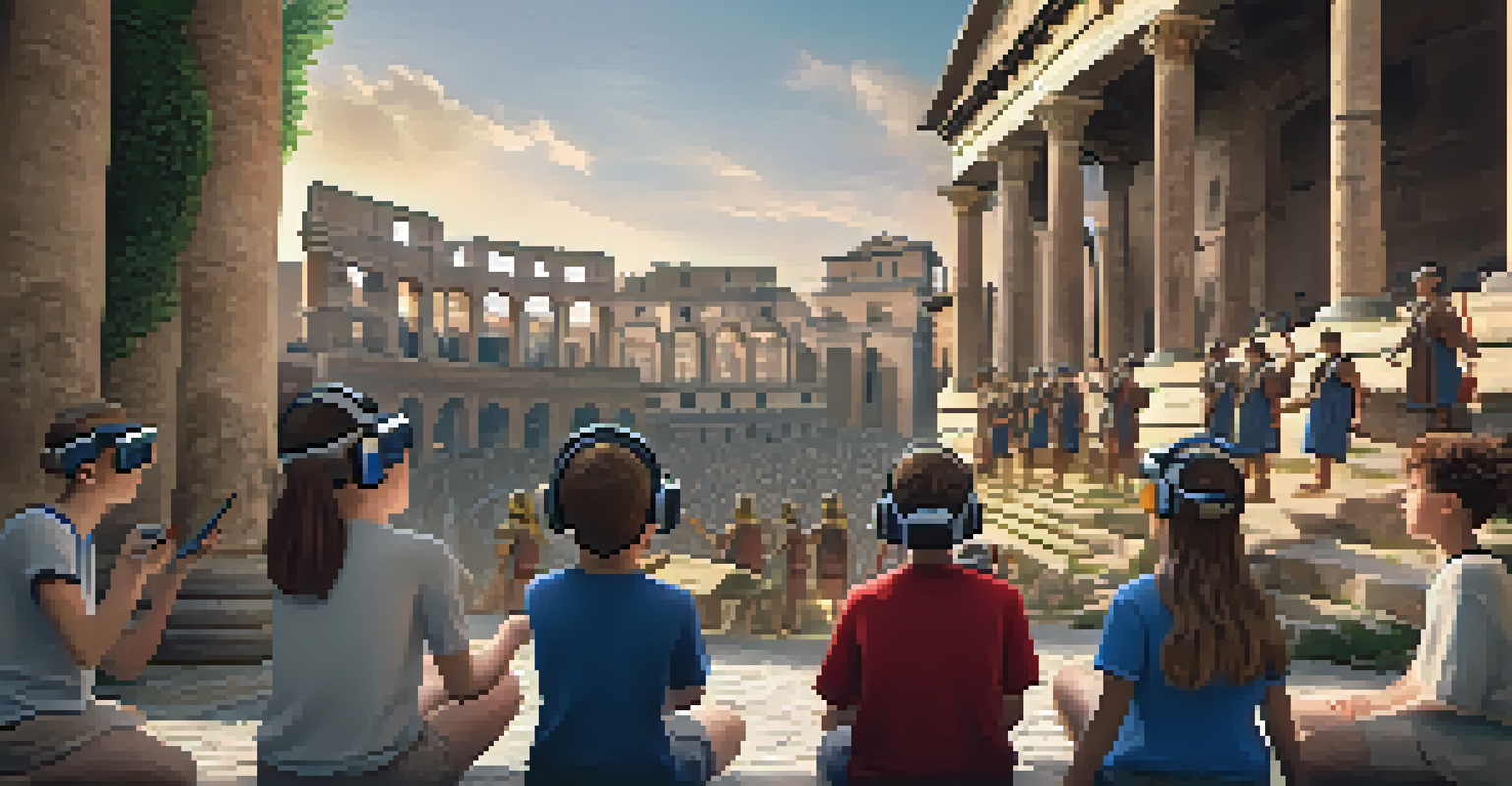 An educator guides students on a virtual field trip to ancient Rome, with students wearing VR headsets and looking amazed at the detailed surroundings.