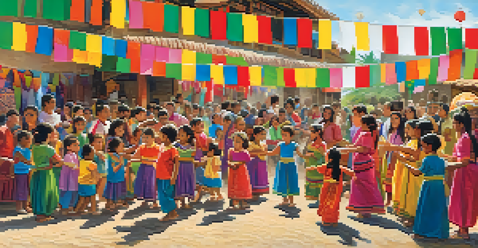 Children at a community event engaging in language activities with colorful banners and smiling adults.