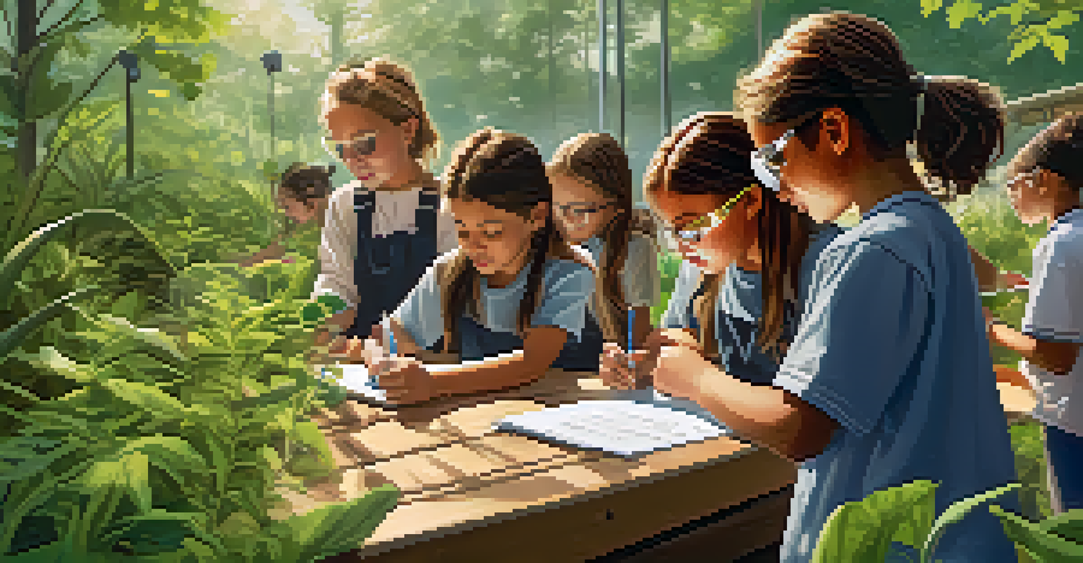 Students conducting a hands-on science experiment outdoors, surrounded by greenery and taking notes with excitement.