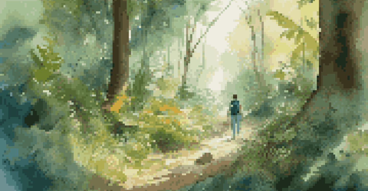 A student character exploring a lush forest in a virtual reality ecosystem simulation, surrounded by colorful plants and animals.