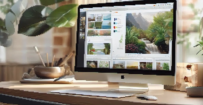 A laptop displaying a digital portfolio with multimedia elements in a cozy office setting.