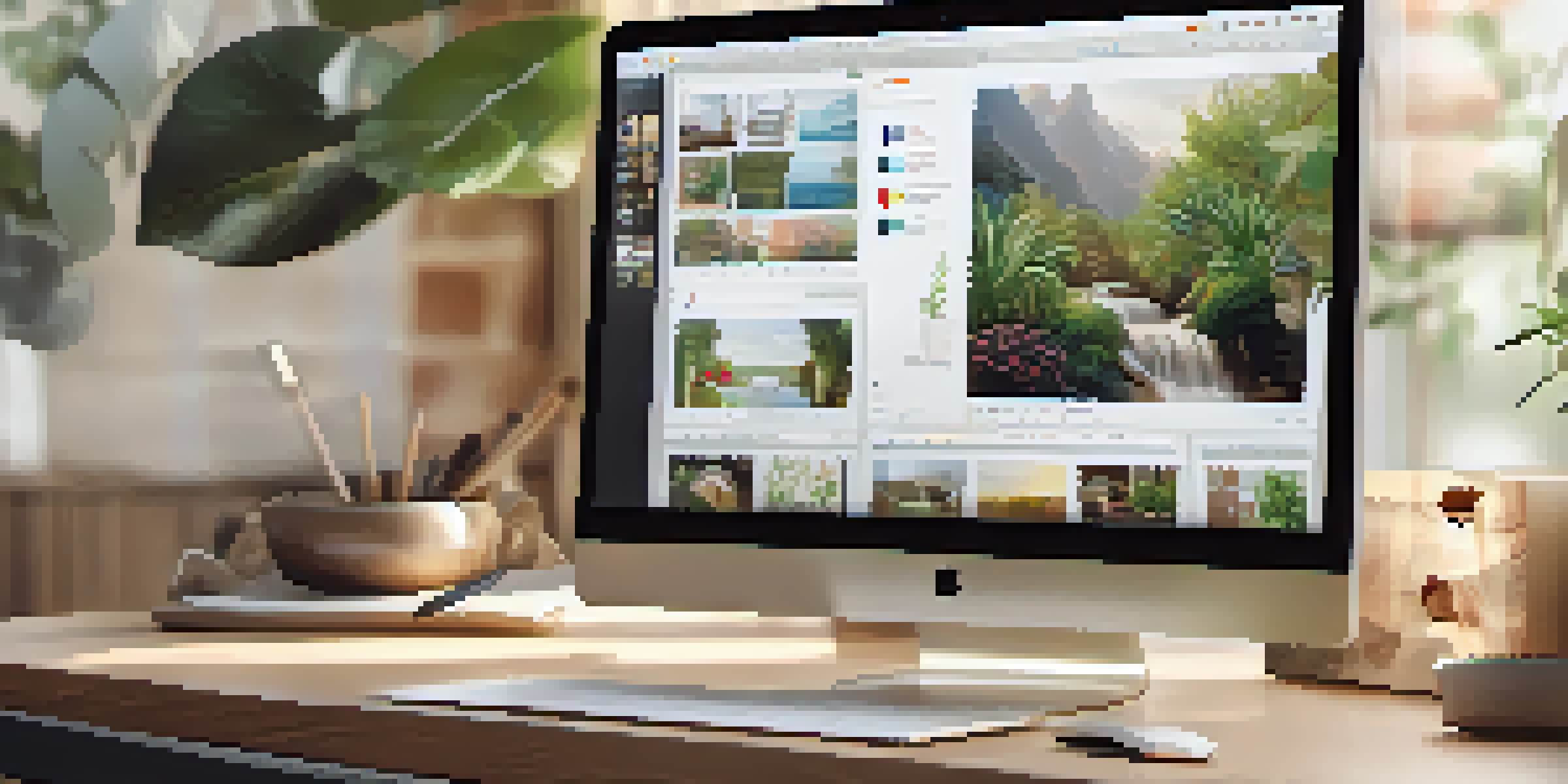A laptop displaying a digital portfolio with multimedia elements in a cozy office setting.