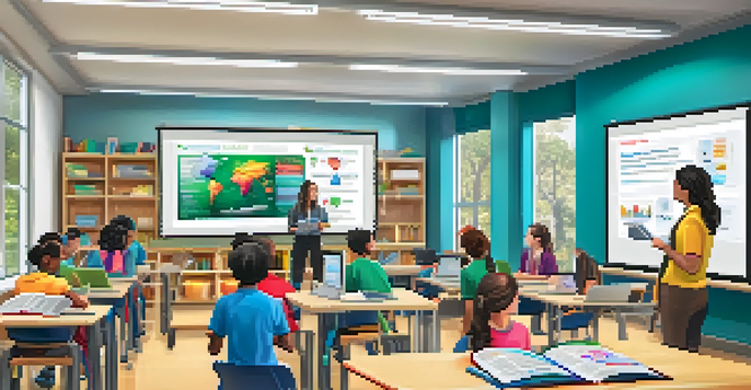 A bright classroom with students using laptops and tablets for digital assessments, with a teacher guiding them and educational posters on the walls.