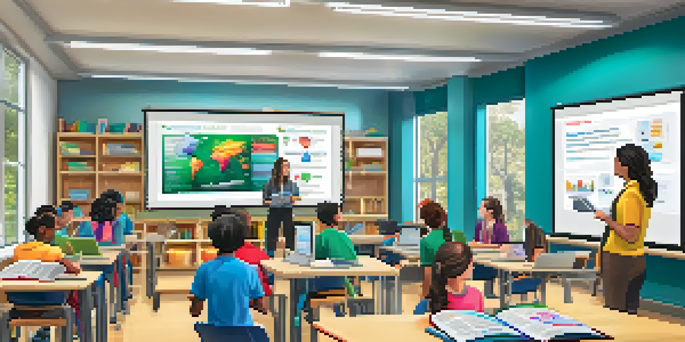 A bright classroom with students using laptops and tablets for digital assessments, with a teacher guiding them and educational posters on the walls.