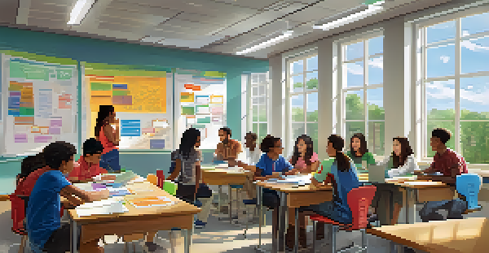 A modern classroom filled with engaged students participating in group discussions, with a teacher facilitating the conversation.