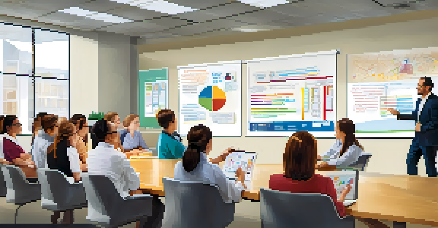 A school principal presenting CPD initiatives to teachers in a modern office, showcasing supportive leadership.