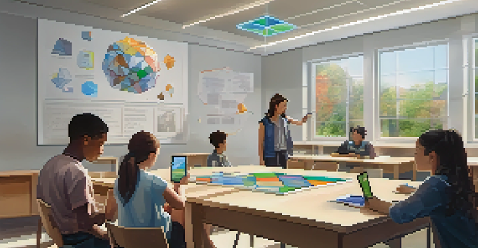 A vibrant classroom where students are using augmented reality to explore 3D geometric shapes, capturing an interactive learning experience.