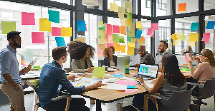 A diverse group of adults collaborating and brainstorming around a large table with laptops and sticky notes, in a bright room with natural light.