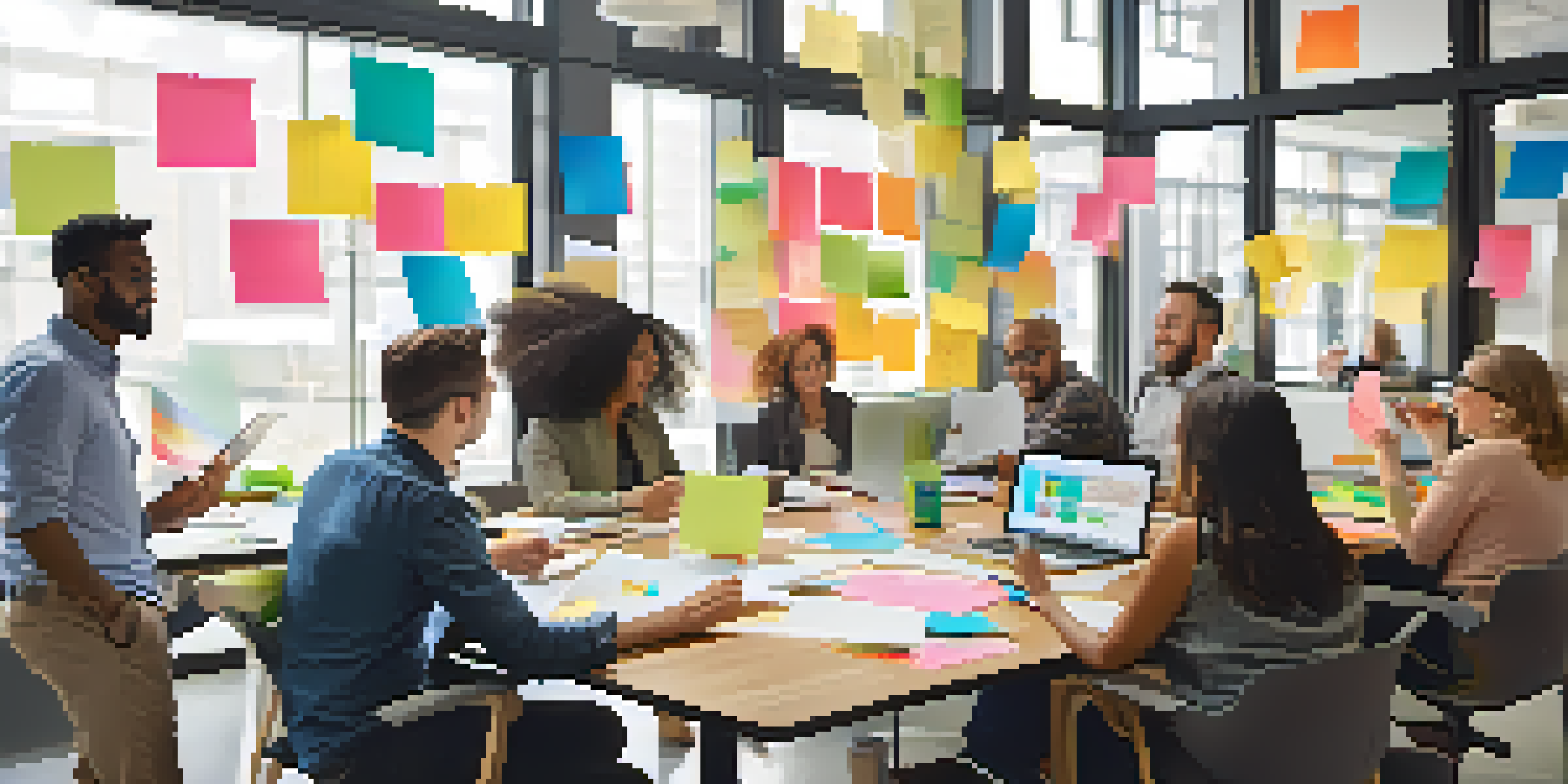 A diverse group of adults collaborating and brainstorming around a large table with laptops and sticky notes, in a bright room with natural light.