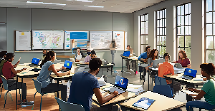 A diverse group of adult learners in a bright classroom, using technology and collaborating on a project.