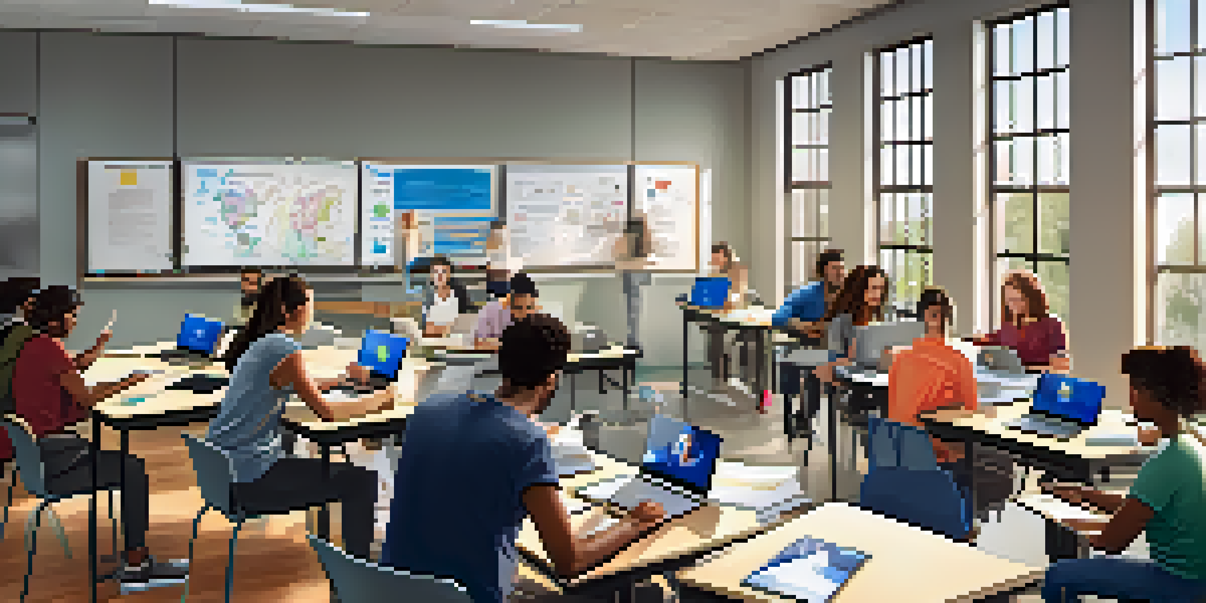 A diverse group of adult learners in a bright classroom, using technology and collaborating on a project.