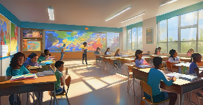 A lively classroom with diverse students using tablets and interactive screens for multimedia learning.