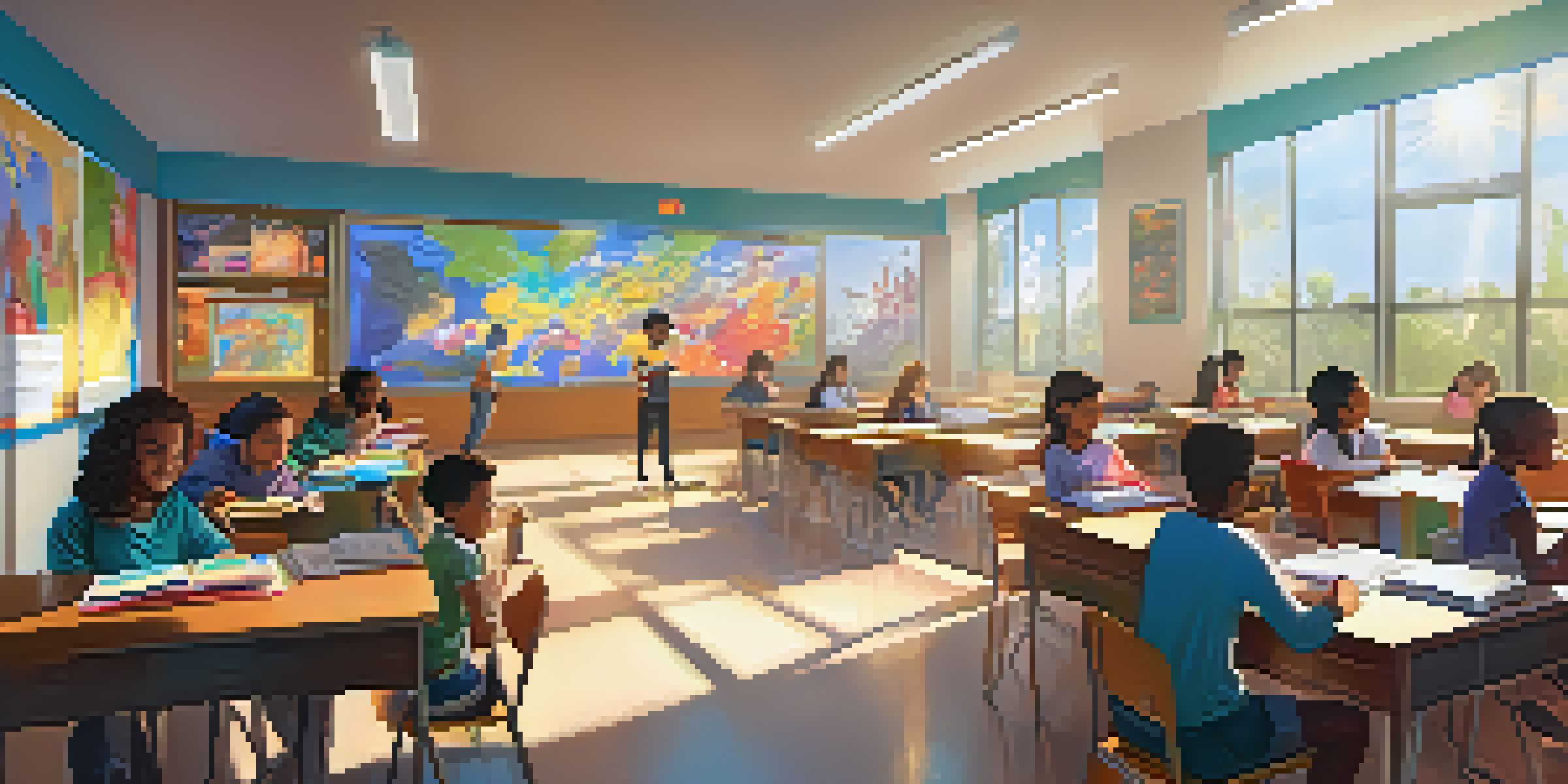 A lively classroom with diverse students using tablets and interactive screens for multimedia learning.