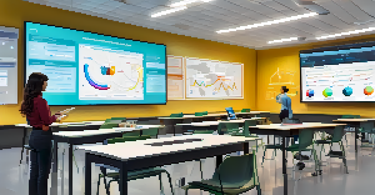 A futuristic learning analytics platform displayed on a large screen in a modern classroom, showing metrics and graphs.