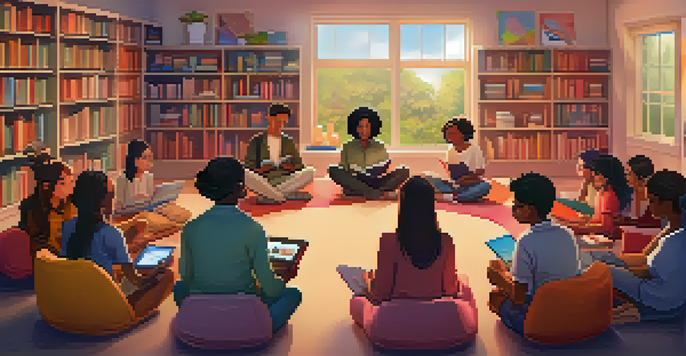 A diverse group of students sharing stories in a cozy virtual classroom filled with colorful bookshelves and warm lighting.