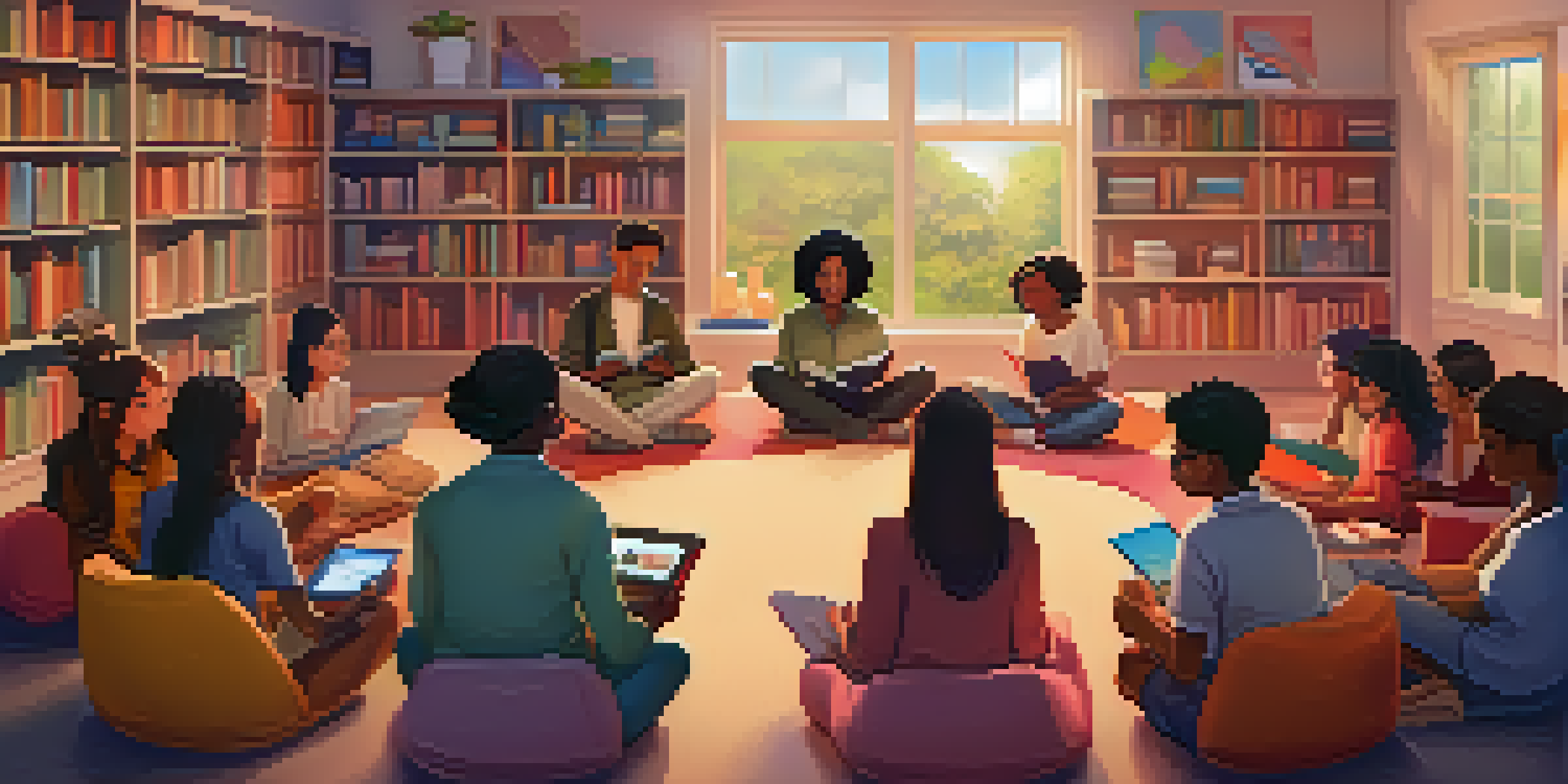 A diverse group of students sharing stories in a cozy virtual classroom filled with colorful bookshelves and warm lighting.