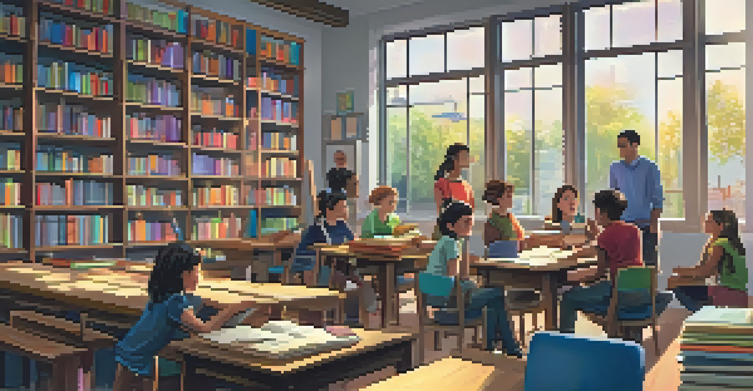 Students participating in a peer teaching session in a cozy library, with bookshelves and warm lighting.