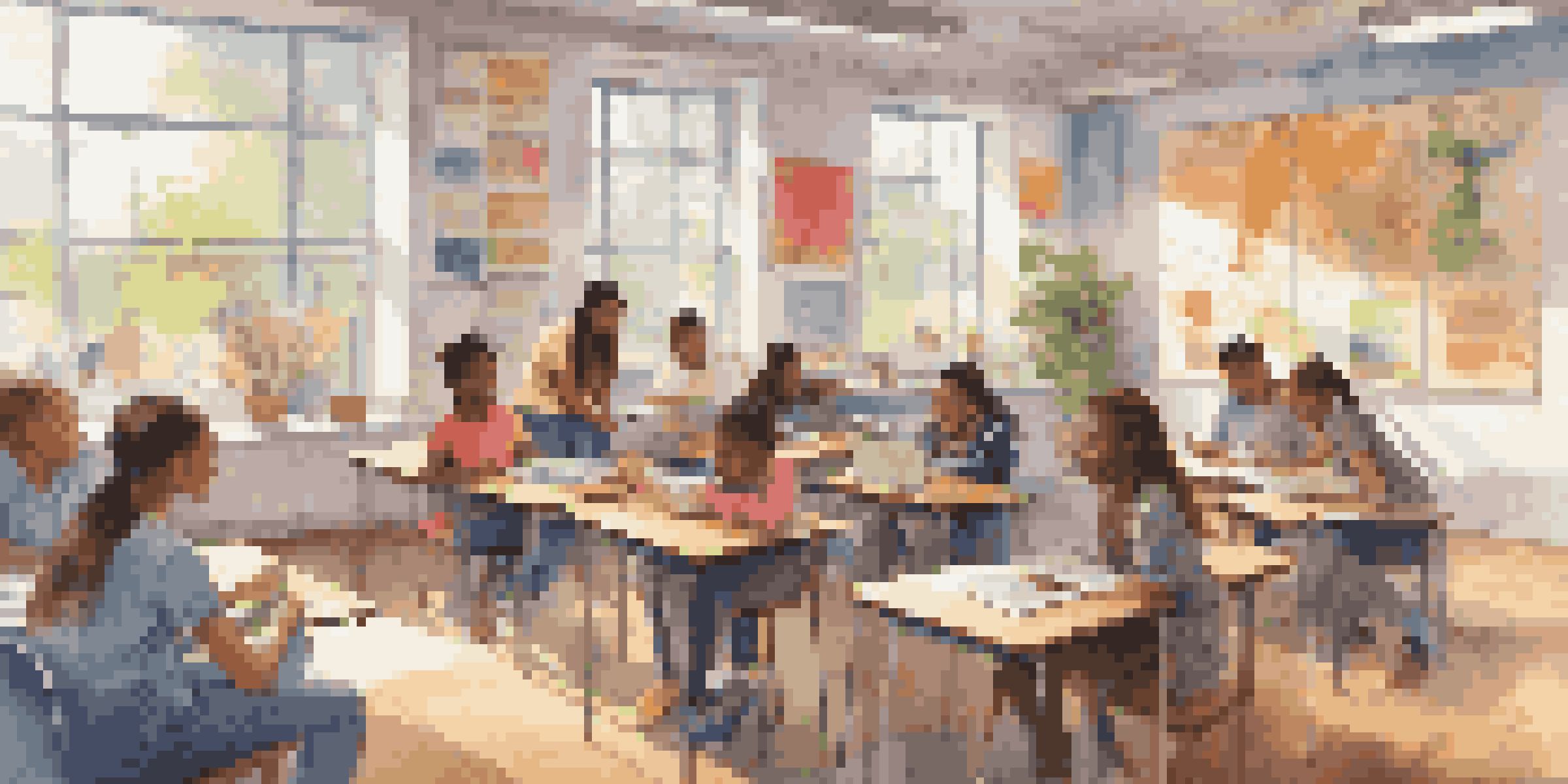A lively classroom filled with diverse students actively collaborating on projects using technology, with bright natural light illuminating the space.