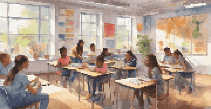 A lively classroom filled with diverse students actively collaborating on projects using technology, with bright natural light illuminating the space.