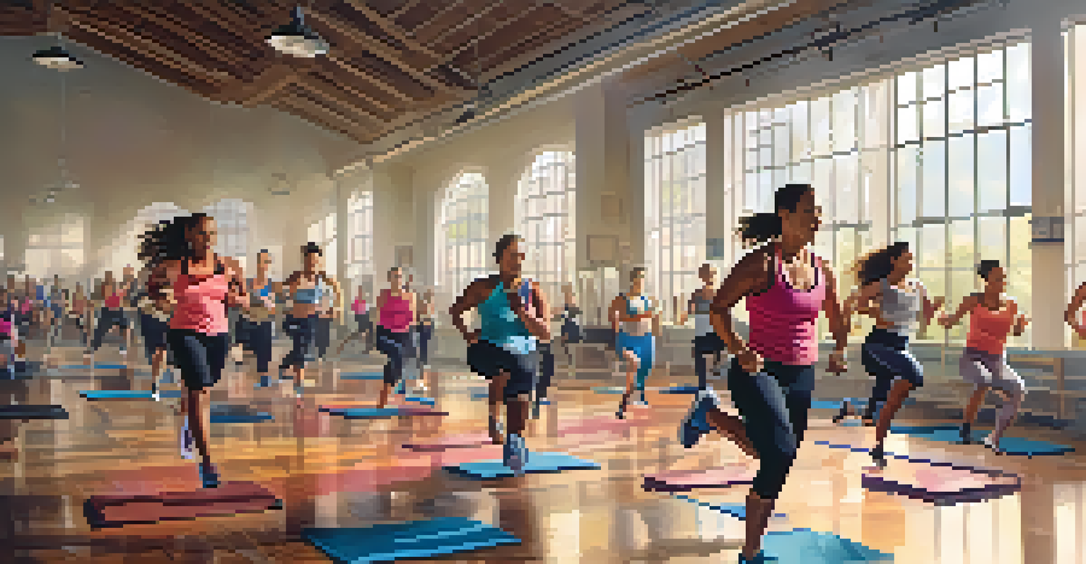 A fitness class in an indoor gym with participants actively engaged in a high-energy workout, illuminated by natural light.