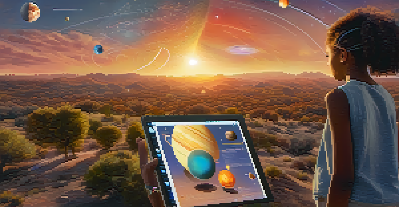 A young girl in an outdoor setting, interacting with augmented reality visuals of the solar system against a sunset sky, depicting curiosity and exploration.