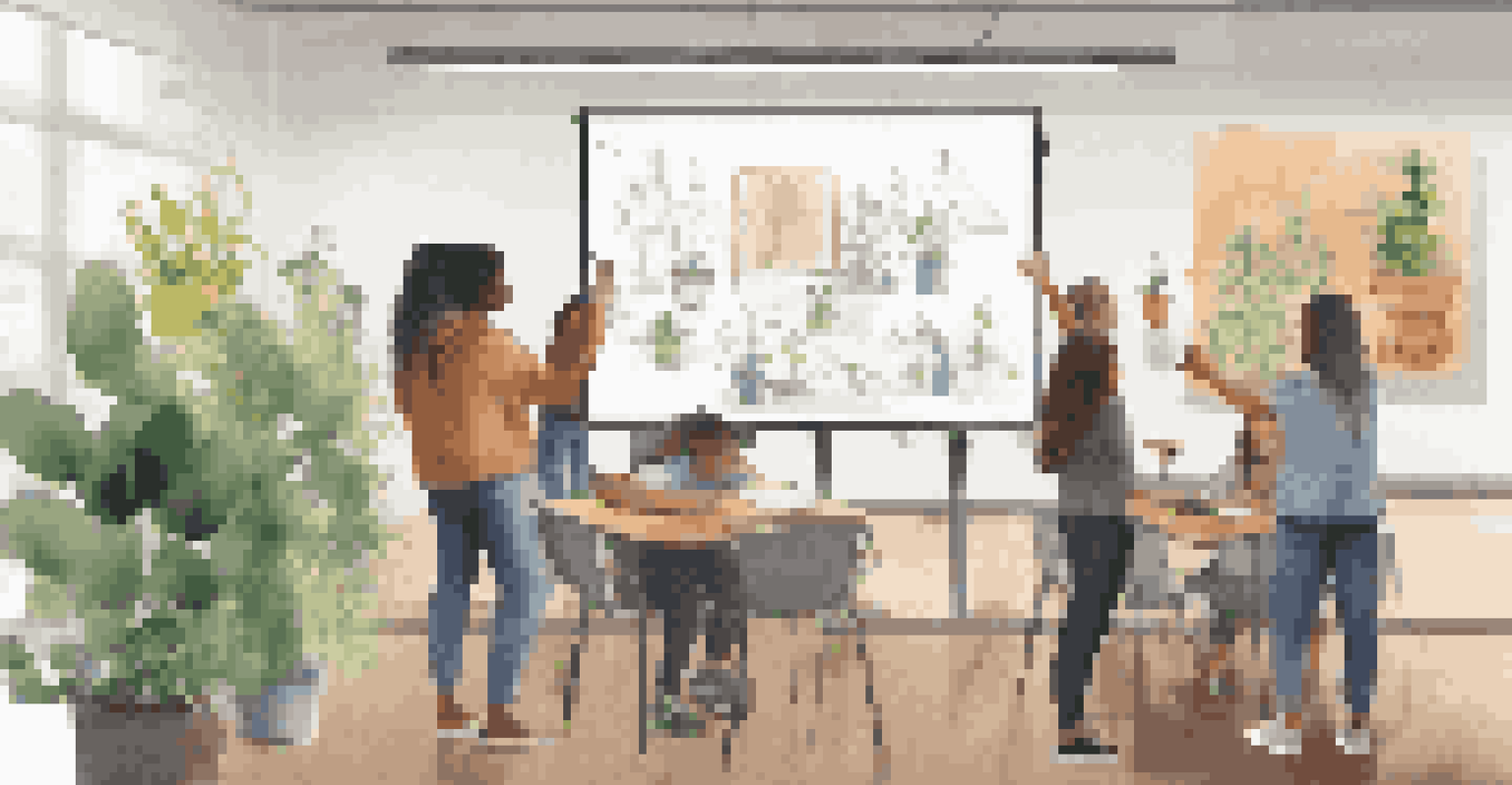 Students collaborating on a project at a digital whiteboard, with one student presenting while others take notes in a creatively decorated classroom.