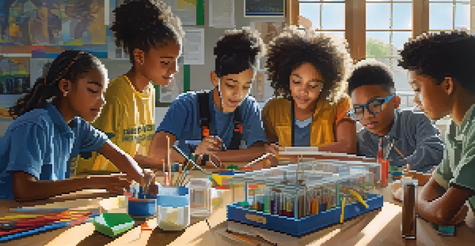 A diverse group of students working together on a STEAM project in a bright classroom, surrounded by various tools and materials.