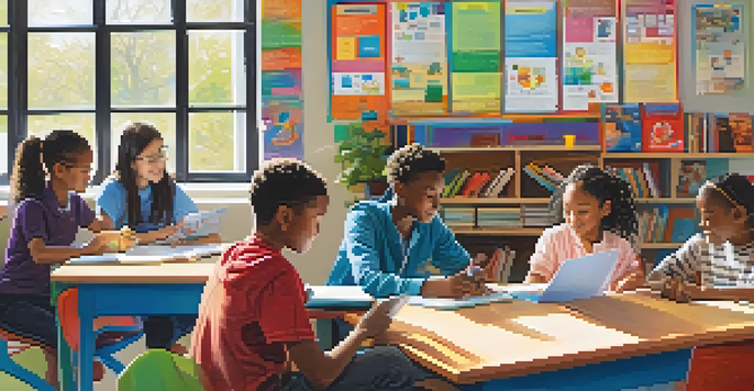 A lively classroom where students are actively participating in personalized learning projects, with one focusing on renewable energy and another presenting to peers.