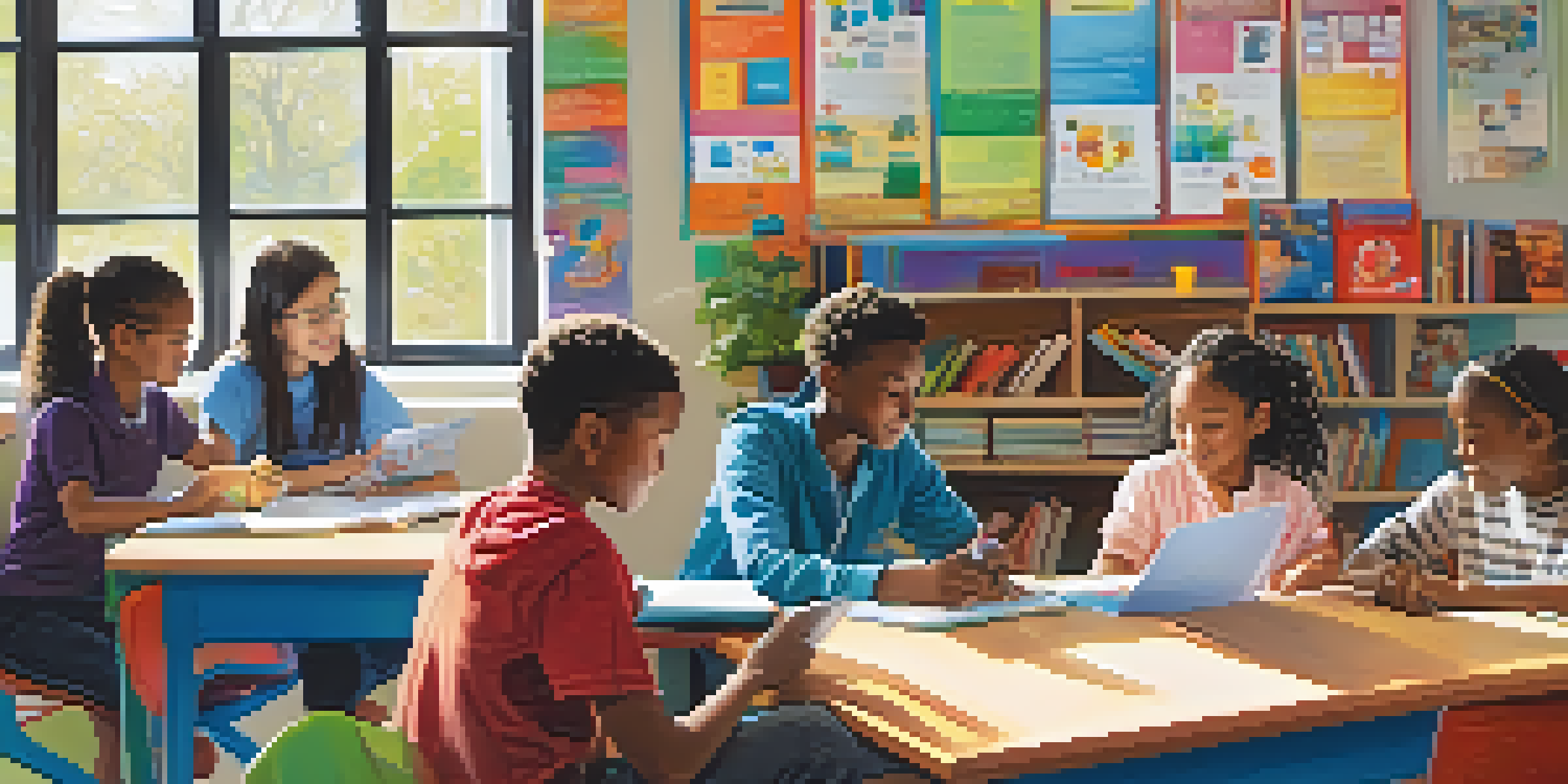 A lively classroom where students are actively participating in personalized learning projects, with one focusing on renewable energy and another presenting to peers.