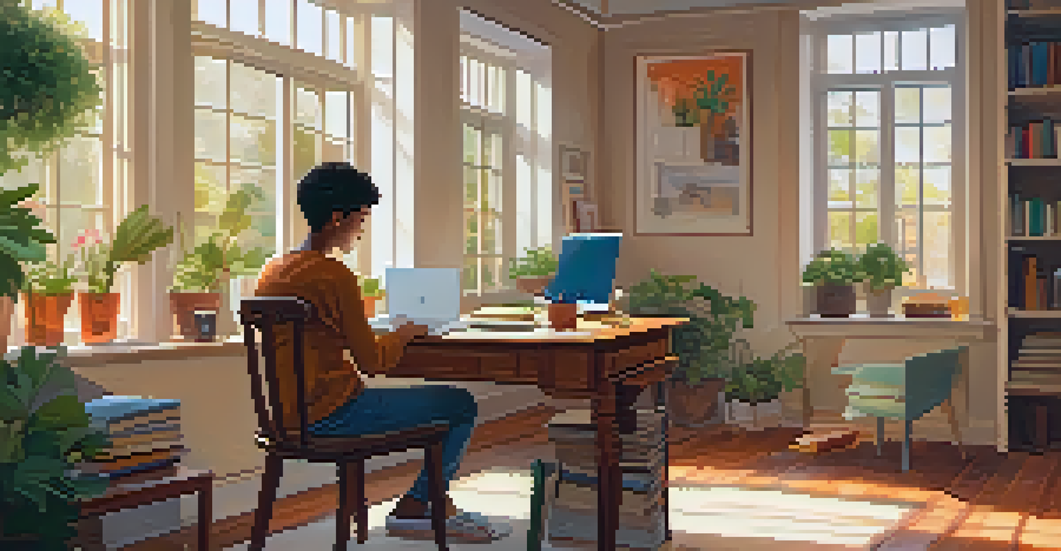 A student sitting in a cozy study area at home, watching an educational video on their laptop. The room has a warm ambiance with books and stationery around.