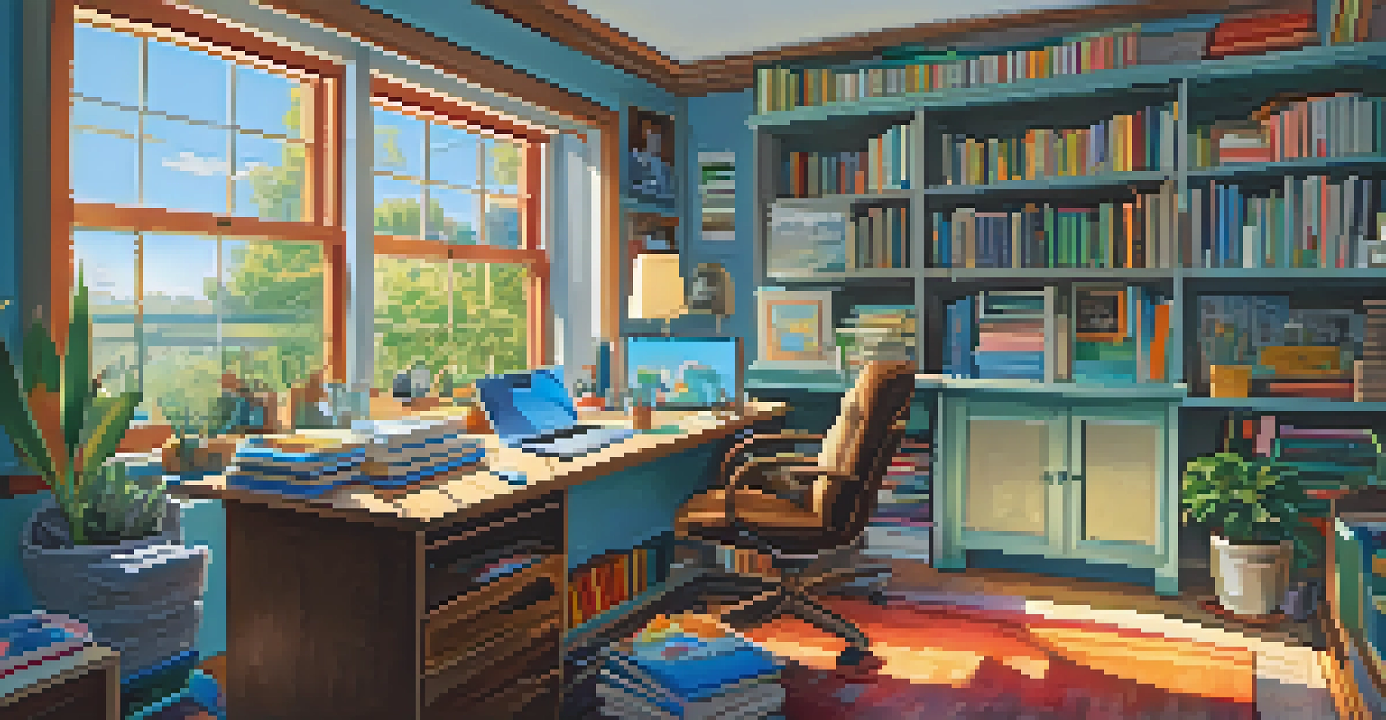 A cozy home office with an educator listening to a podcast on a tablet, surrounded by colorful stationery and educational books.