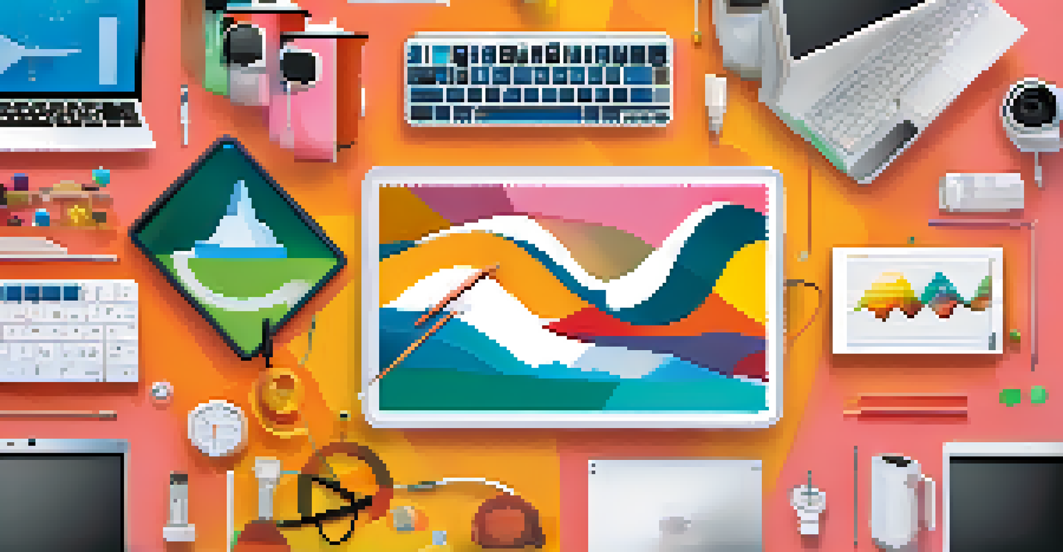 A modern classroom collage showing various technology tools for learning, with devices displaying infographics, videos, and podcasts.